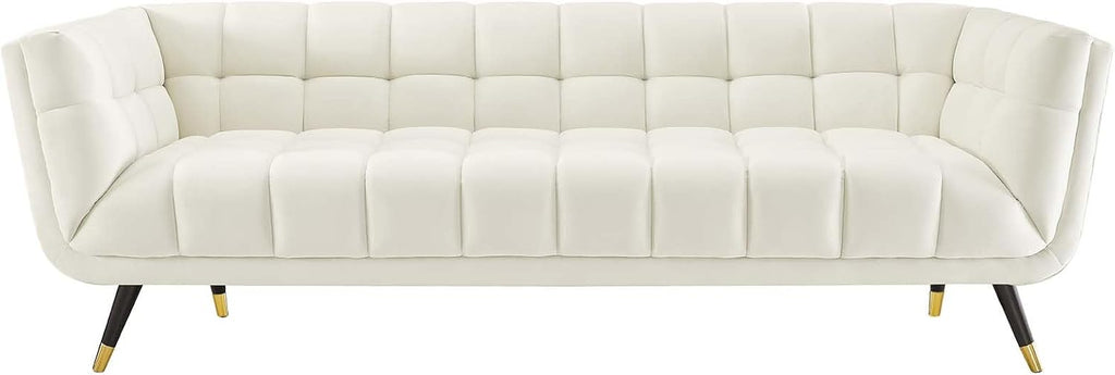 Adept Contemporary Mid-Century Modern Performance Velvet Upholstered Tufted Sofa in Ivory