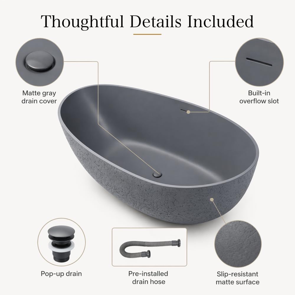 67" Stone Resin Luxury Contemporary Solid Surface Freestanding Bathtub in Cement Point Treatment Oval Tub