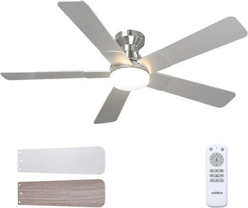 Ceiling Fans with Lights, 52 inch Low Profile Ceiling Fan with Light and Remote Control, Flush Mount, Reversible, 3CCT, Dimmable, Noiseless, Nickel Ceiling Fan for Bedroom, Indoor/Outdoor Use
