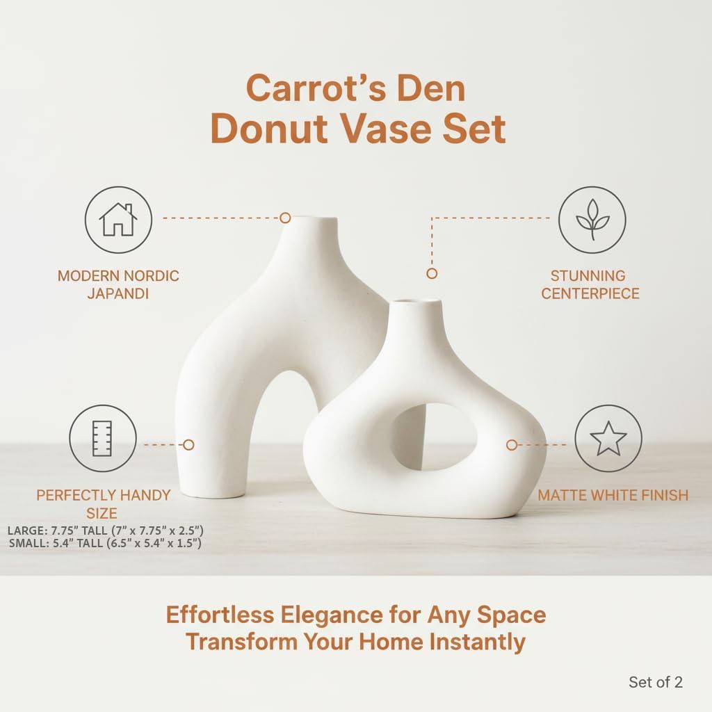 Donut Vase, Set of 2 - White Large Ceramic Vase - Minimalist Nordic, Hollow | Table Centerpiece, Olive Plant, Wedding
