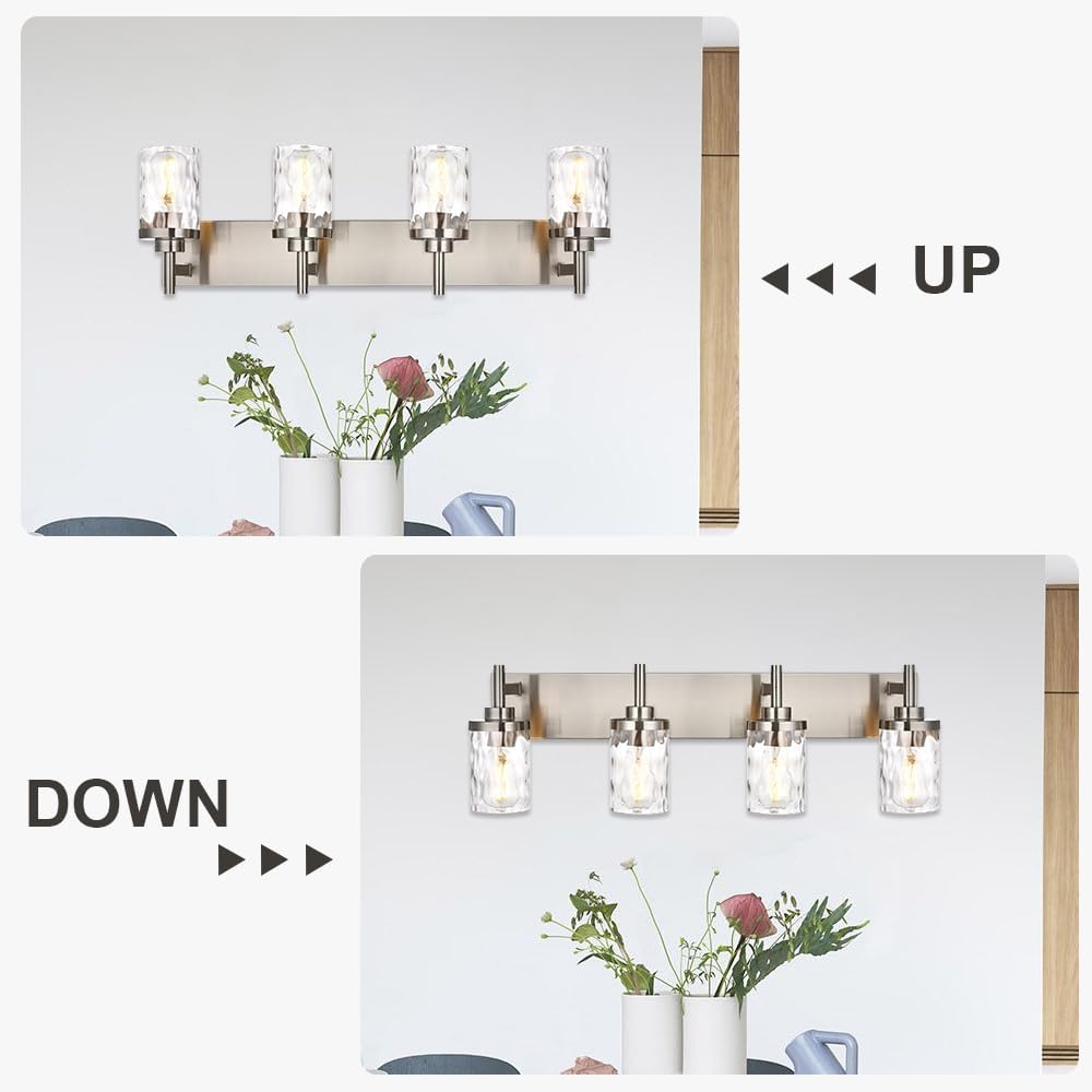 Bathroom Vanity Lighting Fixtures 4 Lights,Brushed Nickel Bathroom Vanity Lights with Clear Hammered Shade Wall
