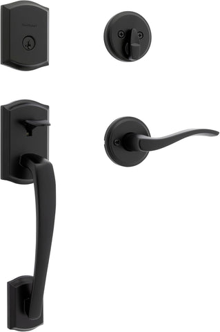 Prescott Front Door Lock Handle and Deadbolt Set, Entry Handleset Exterior with Sedona Reversible Lever, Matte Black - Door Handleset