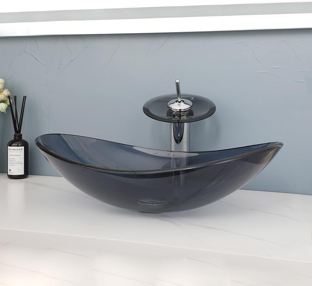 22" x 14" Oval Grey Vessel Sink Glass Sinks Bowl Above Counte, Bathroom Sink with Faucet and Drain Tempered Glass Sinks