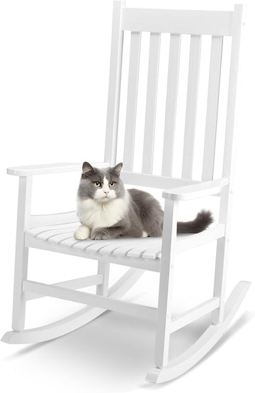 Outdoor Rocking Chair, Solid Wood High Back Porch Rocker, White | All-Weather Lounge Design Supports Patio, Fire Pit