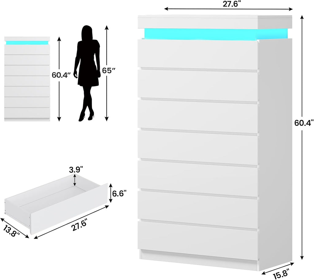 Tall 7 Drawer Dresser with LED Light, White Modern Chest of Drawers ,Closet Dressers with Drawers
