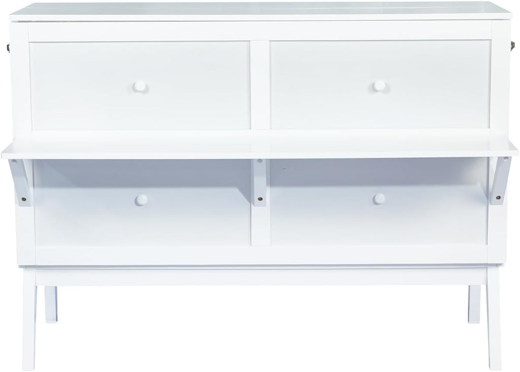 Queen Murphy Bed Cabinet with USB Ports and Removable Shelves, Solid Pine Foldable Wall Bed with Front Desk for Guest