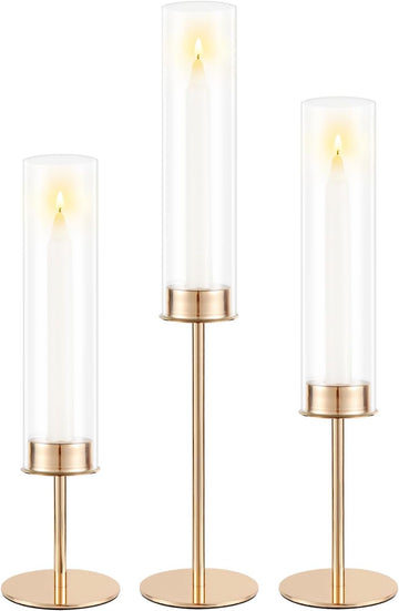 Gold Candle Holders Set of 3 for Glass Taper Candle Holders,Hurricane Candlestick Holder Decor, Wedding, Dinning