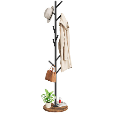 Coat Rack Stand with 9 Hooks, Metal Freestanding Coat Tree with Wooden Base, Heavy Duty Hall Tree, Space Saving Coat