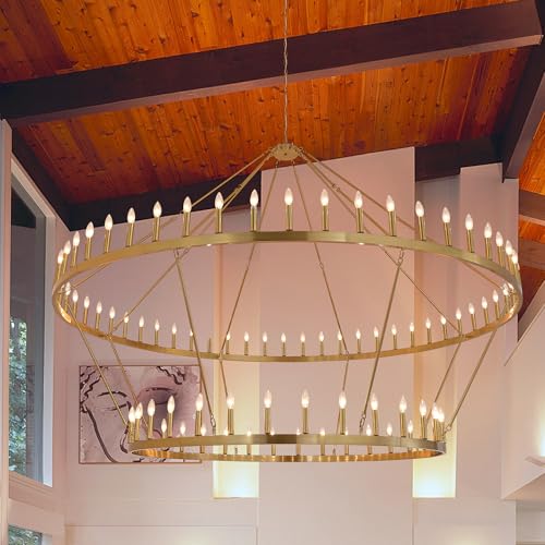 Inspired Camino Style Chandelier - 2-Tier Gold Wagon Wheel Chandelier 98 Inch 88-Lights - Farmhouse Rustic Round Extra Large Chandelier for High Ceilings