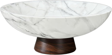 White Marble Texture Decorative Bowl with Acacia Wood Base - 11" Modern Pedestal Fruit Bowl for Table Centerpiece