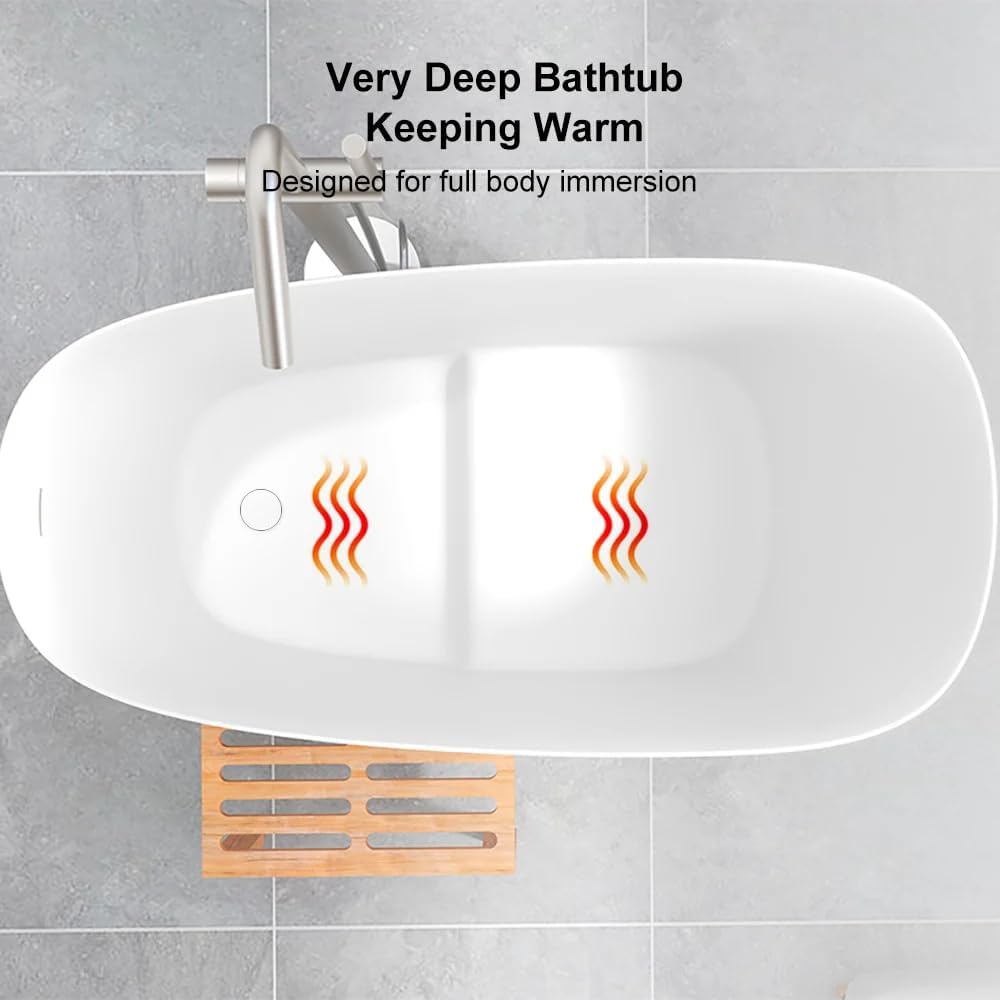 47" Japanese‑Style Irregular Freestanding Soaking Bathtub, Modern White Stone Resin Deep Soaker Tub with Built‑in