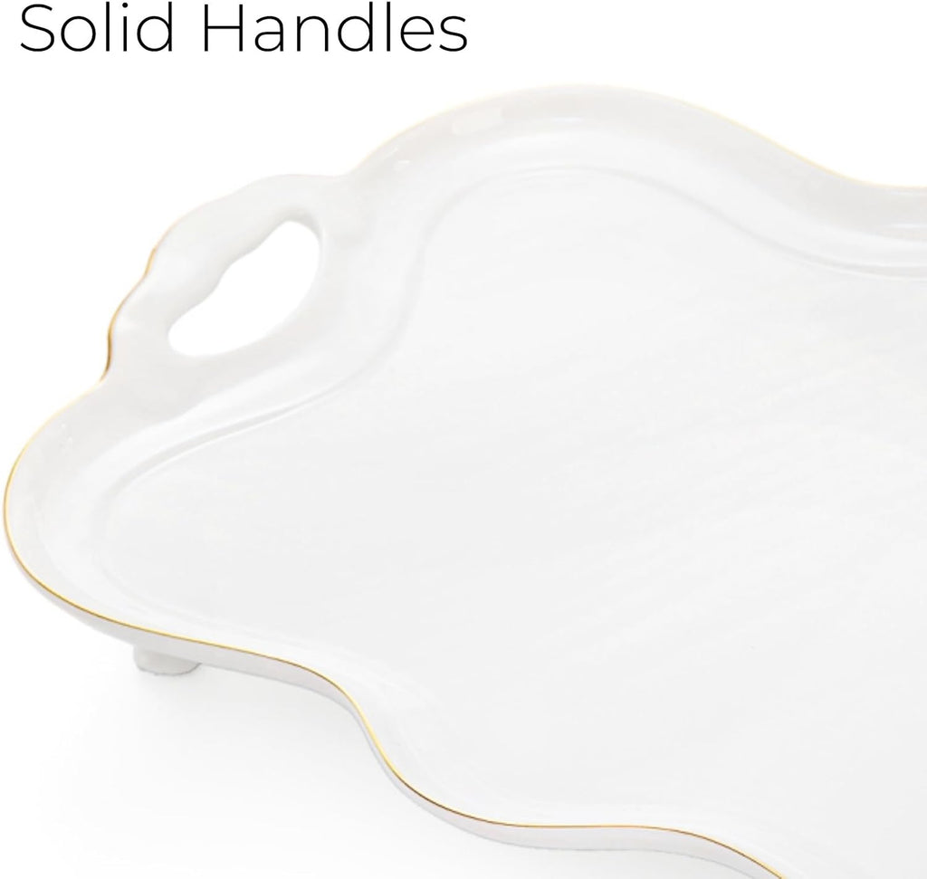 16" Large Ceramic Serving Tray with Handles, Footed Rectangular Coffee Table Tray with Gold Rim, Vintage Decorative