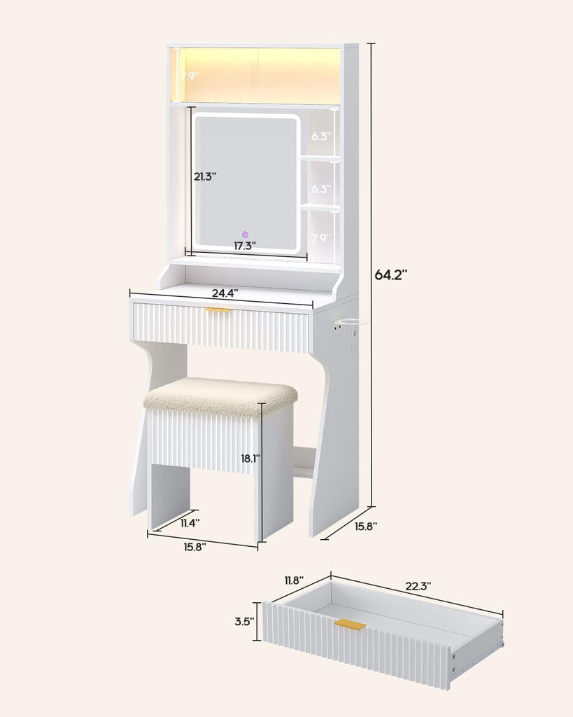 Small Vanity, Fluted Desk with Mirror and Lights, Stool, Charging Station | Sound sync RGB lights, LED glass cabinet