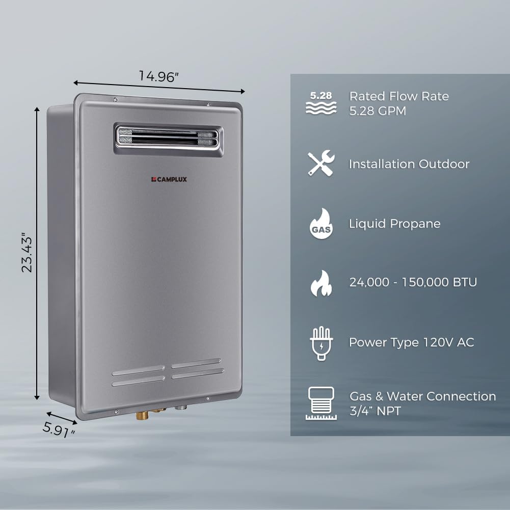 Climatech 5 Tankless Water Heater Propane Outdoor 5.28 GPM Up to 6.4 GPM, 150