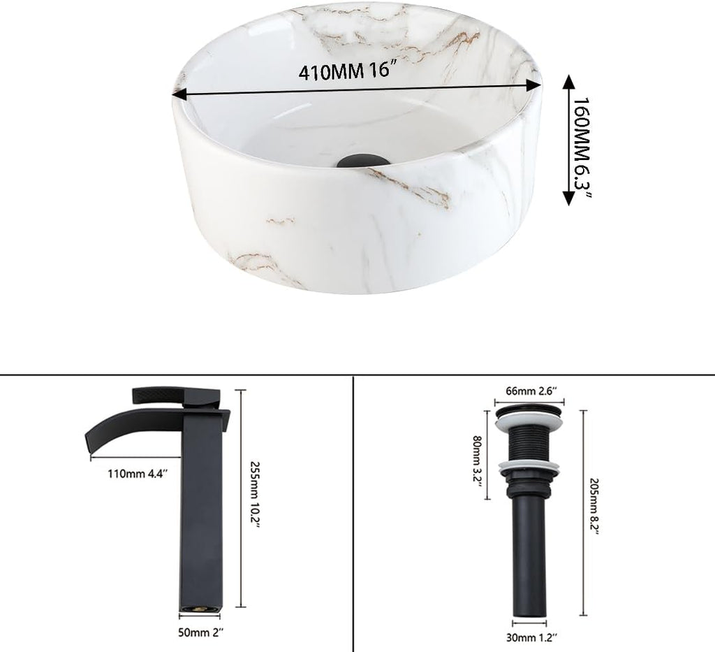 Bathroom Vessel Sink With Black Faucet And Drain White Marble Ceramic Vessel Sink 16 inch Round Vessel Sink Above