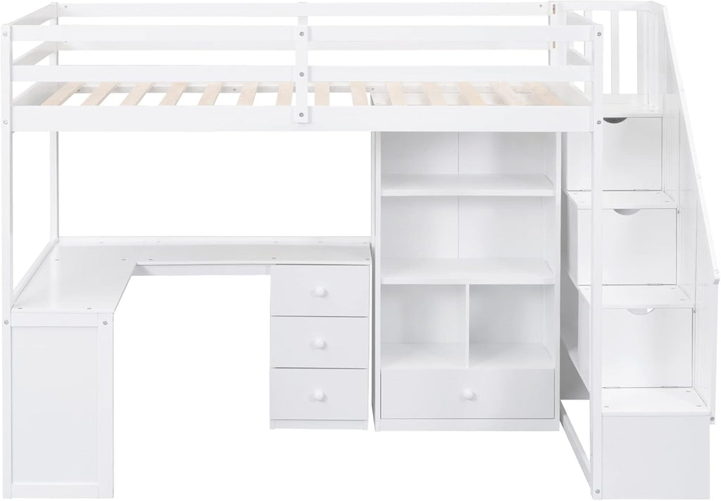 Wood Loft Bed Twin, Multifunctional Twin Bed Frame with L-Shaped Desk and Drawers, Cabinet and Storage Staircase, White