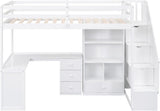 Wood Loft Bed Twin, Multifunctional Twin Bed Frame with L-Shaped Desk and Drawers, Cabinet and Storage Staircase, White
