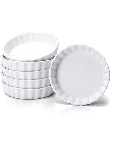 8 Oz Creme Brulee, Porcelain Oven Safe, Round Tart Pan Mini Fluted Quiche Dishes, Set of 6, White