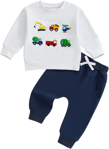 Toddler Baby Boy Clothes Embroidery Trucks Sweatshirt Pants Set