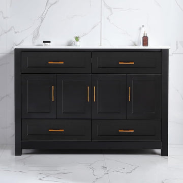48" Bathroom Vanity with Sink, Modern Single Bathroom Vanity with 4 Doors & 4 Drawers, Freestanding Bathroom Storage Cabinet with Ceramic Sink and Top, Solid Wood Frame, Black