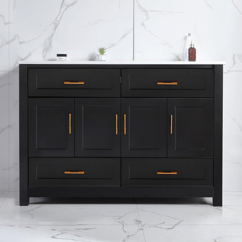 48" Bathroom Vanity with Sink, Modern Single Bathroom Vanity with 4 Doors & 4 Drawers, Freestanding Bathroom Storage Cabinet with Ceramic Sink and Top, Solid Wood Frame, Black A133-B0F1TNZCNS