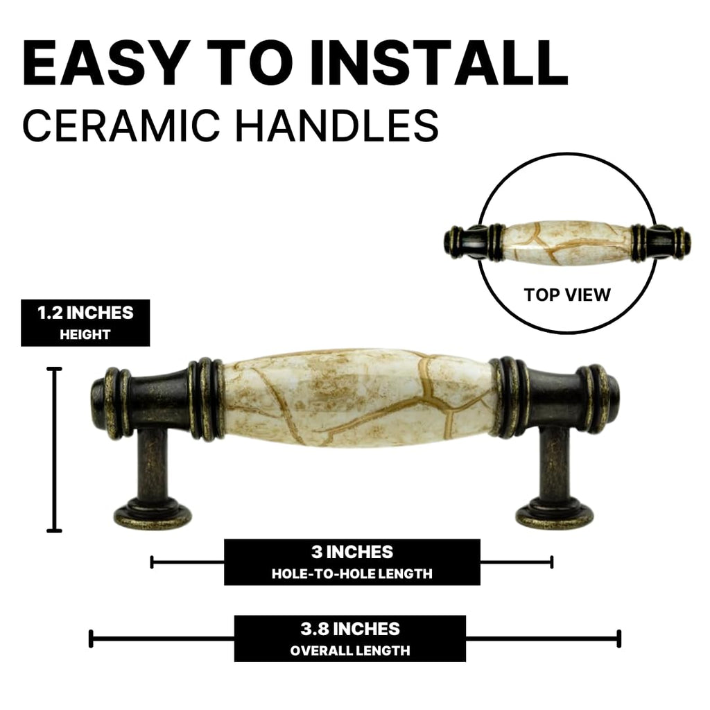 10 pcs Antique Brass Cabinet Drawer Pulls with Brown Marble Ceramic Handles and 3 inch Hole Centers for Cabinets