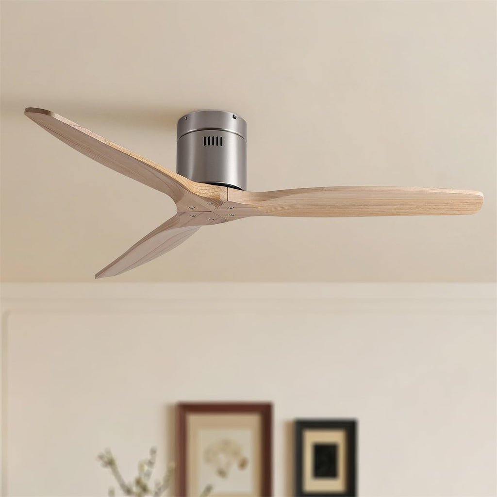 52" American Farmhouse Rustic Elegance Classical Solid Wood Low Profile Flush Mount Ceiling Fan without Light
