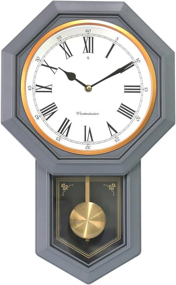 Plastic Pendulum Clock. Sturdy Gray Frame. Westminster Chime Every Hour,Elegant,Traditional Schoolhouse,Home,Office,Living Room,Bedroom.