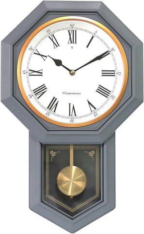 Plastic Pendulum Clock. Sturdy Gray Frame. Westminster Chime Every Hour,Elegant,Traditional Schoolhouse,Home,Office,Living Room,Bedroom.