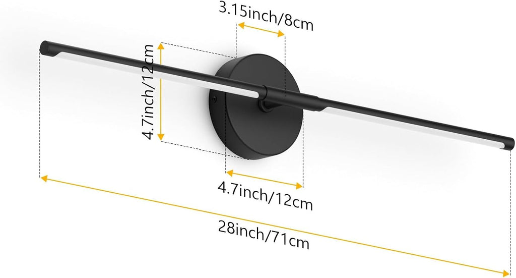 Black Wall Sconce 28In Hardwired Vanity Light Fixture 3000K Indoor Bathroom Sconce Over Mirror 360° Rotate