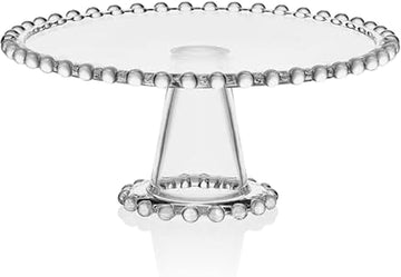 Beaded Large Glass Cake Stand, 10.75 Inch Clear Glass Pedestal Cake Stand for Desserts, Appetizers, and Entertaining