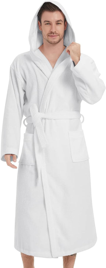 Men's Bathrobes with Hood, 100% Cotton Terry Bath Robe, Soft Long Shower Towel Robe for Men with Pockets