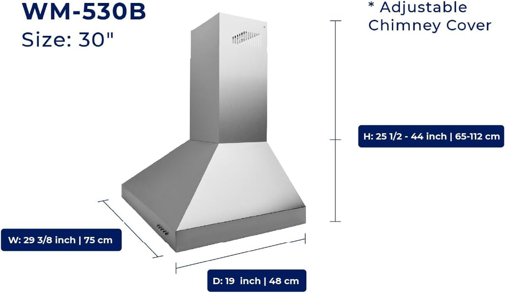 30 Inch Stainless Steel Wall Mount Range Hood LED Lights, Aluminum Filters, Convertible Ducted/Ductless