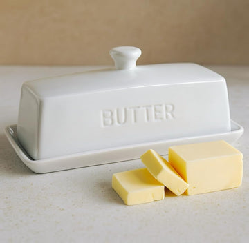 Butter Dish With Lid for Countertop,Butter Tray,Ceramic-White