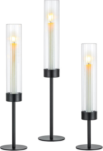Black Taper Candle Holders: Candlestick Holders Set of 3 Hurricane Glass Tall Candle Holder for Candlesticks Candle
