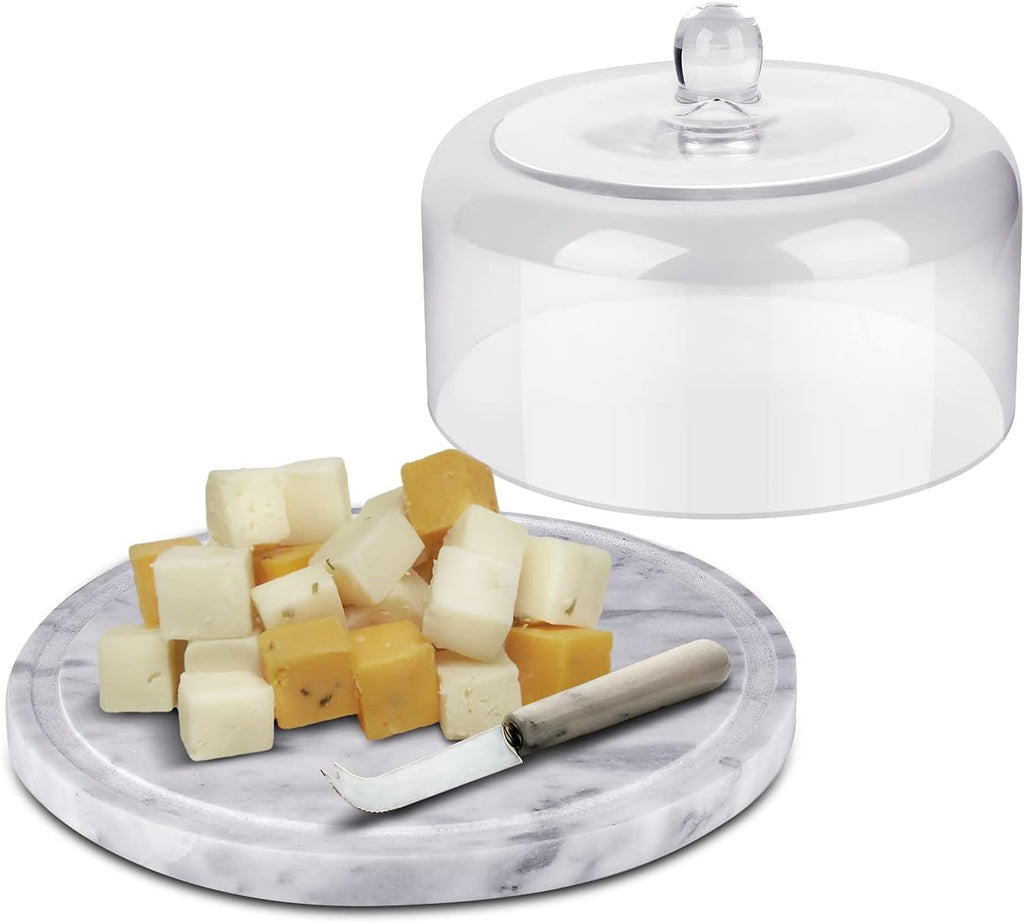 Marble Cake Stand with Glass Dome Lid, 8.7-Inch Serving Plate