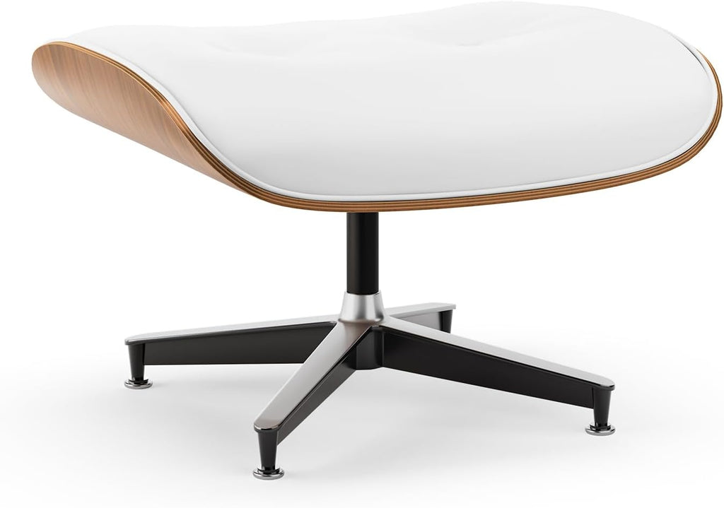 Mid-Century Modern Lounge Chair & Ottoman — White PU Leather, Walnut Base, Standard