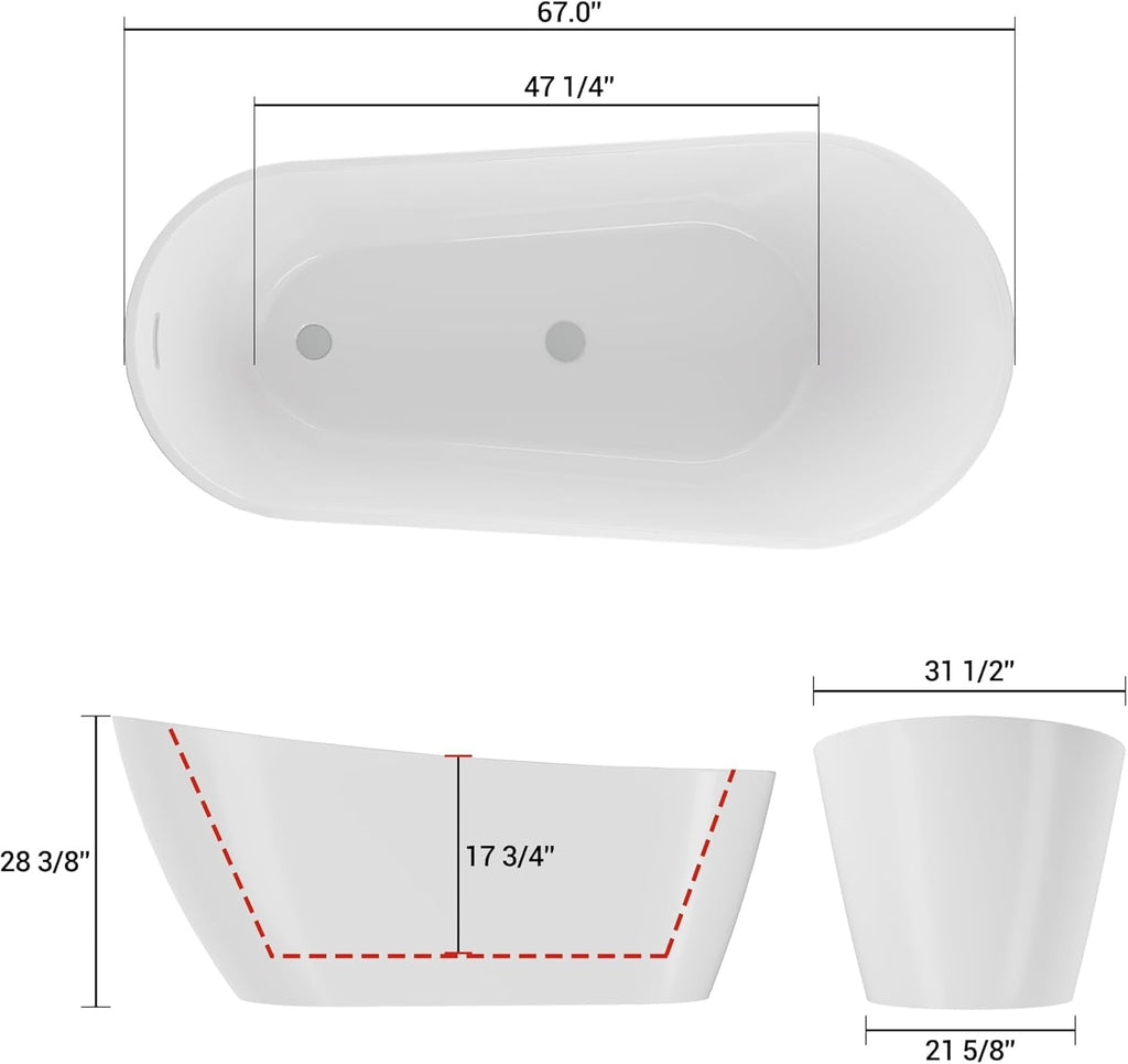59 Inch Acrylic Freestanding Bathtub, Deep Soaking Tub with Non-Slip Base, CUPC Certified Free Standing Tub, Chrome