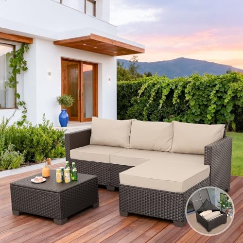 3-Piece Wicker Outdoor Patio Furniture Set | Khaki All-Weather Resistant for Patio, Garden & Porch