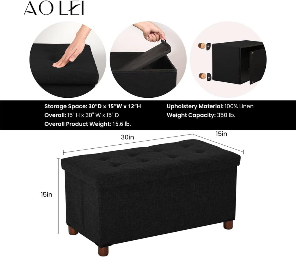 30 Inches Storage Ottoman Bench, Storage Bench with Wooden Legs Ottoman Foot Rest Removeable Lid End of Bed, Linen