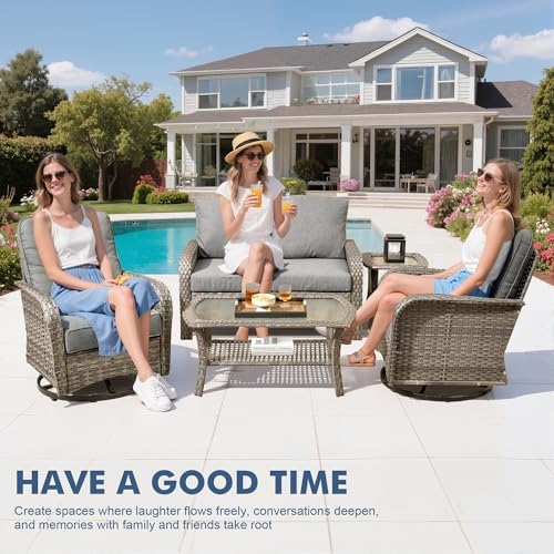 5-Piece Wicker Outdoor Patio Furniture Set - Swivel | Gray for Backyard, Garden & Porch