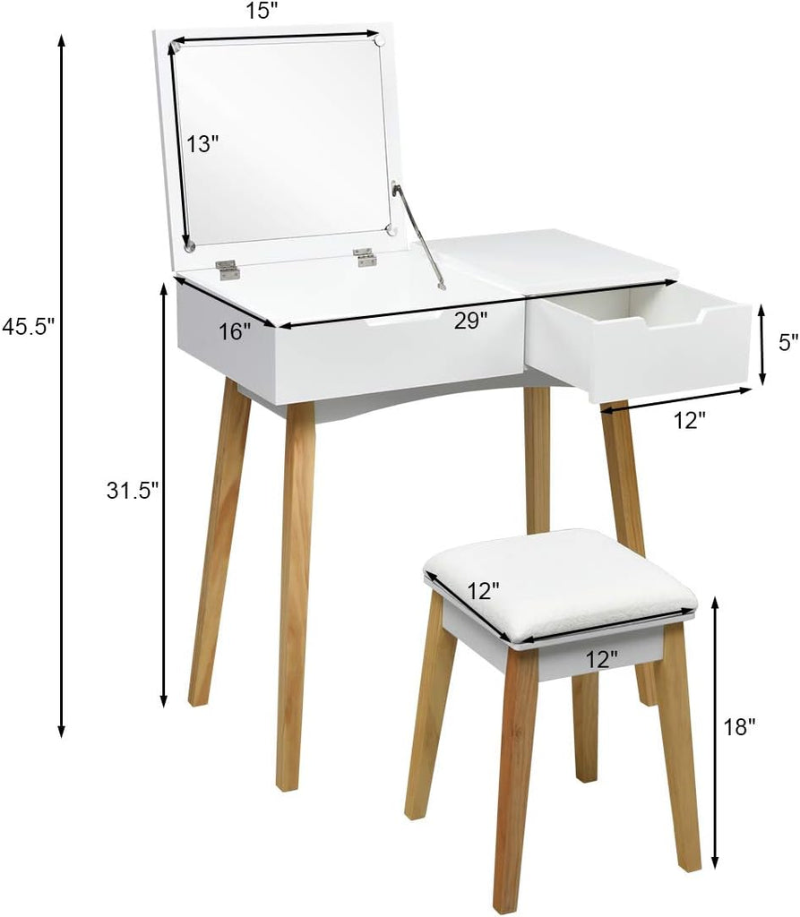 Vanity Table with Flip Top Mirror and Stool, Wooden Makeup Table Writing Desk with Drawer, Storage Compartment