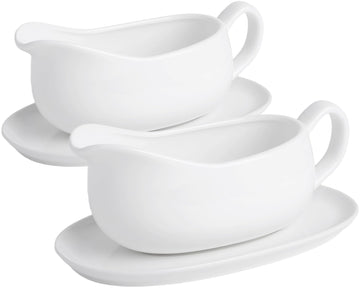 17 oz Ceramic Gravy Boat with Saucer Tray, 2-Pack Porcelain Sauce Boat Server with Handle, Spill-Resistant Pour Spout
