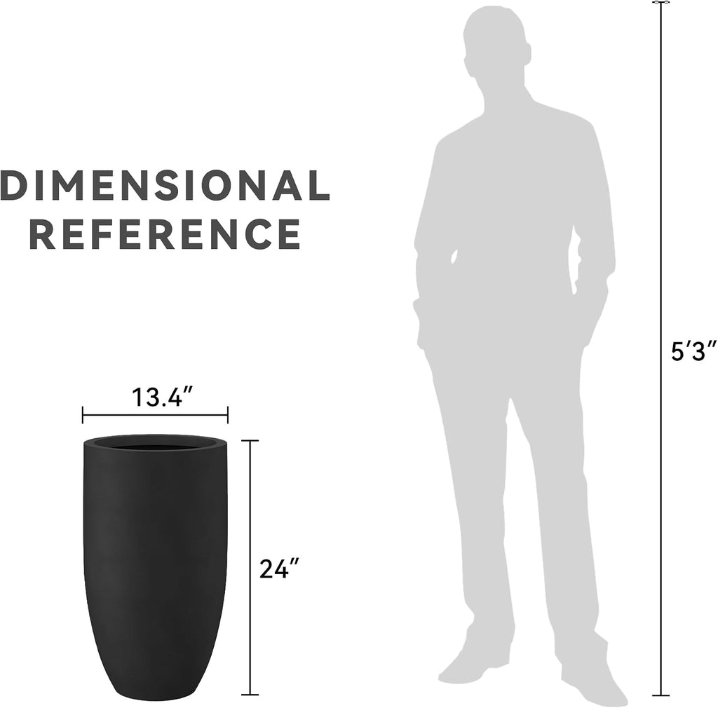 Large Round Tapered Black Concrete Planter 24" Tall, Outdoor | Rubber Plug for Indoor, Drainage for Garden