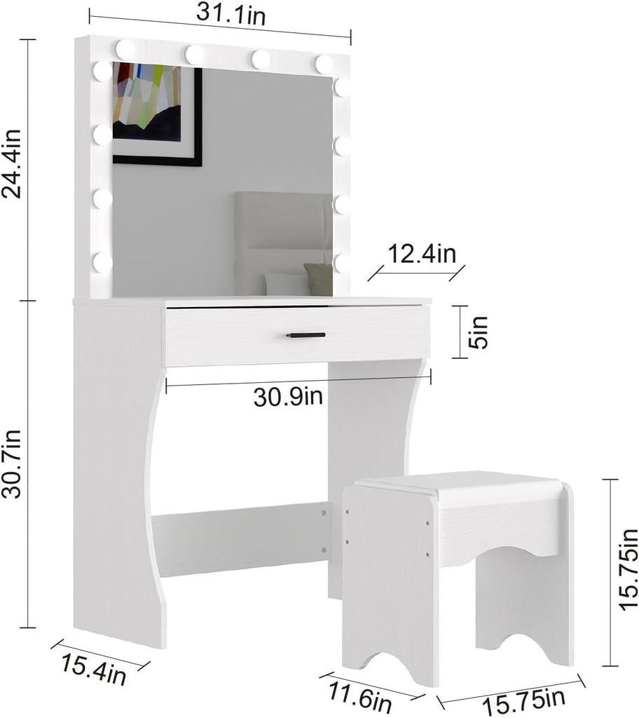 Vanity Desk with Mirror and Adjustable Lights, One Drawer Storage Makeup Table with Stool - Vanity Set (White)