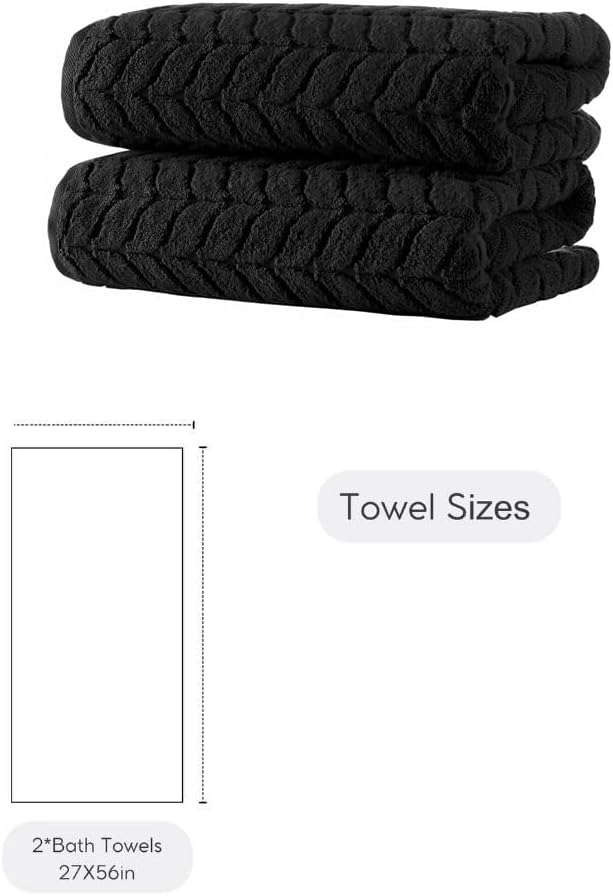 Turkish Cotton Bath Towels, Hand Towels - Soft Plush Jacquard Collection Luxury Towels Set (Black, Bath Towel Set of