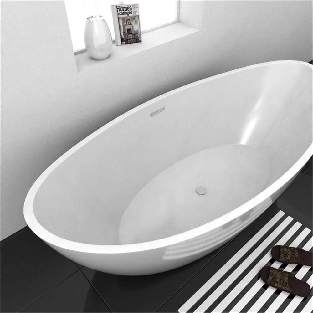 Oval Freestanding Acrylic Insulated Bathtub, Non-Porous High-Gloss Surface, White Finish, Durable Heat-Retaining
