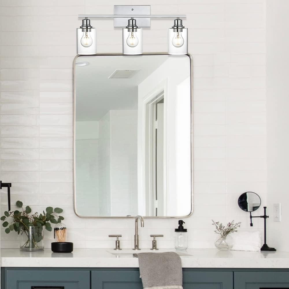 3 Light Wall Light Fixture with Clear Glass Shade Classic Bathroom Vanity Lighting Fixture in Chrome Finish Metal