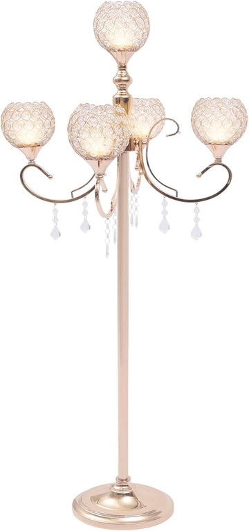5 Arms Candelabra Crystal Candle Holder, 49 Inches Gold Crystal Candle Holders with Hanging Crystal Drop, Gold Floor