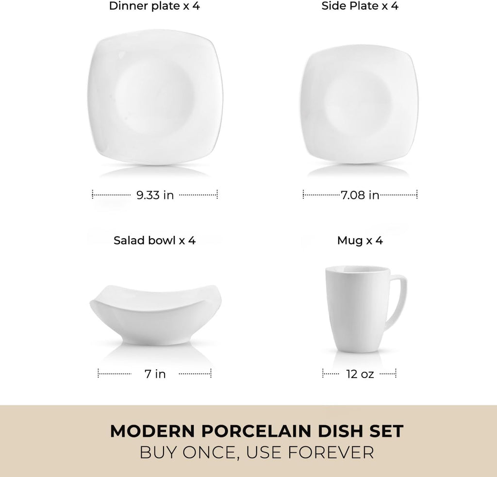 Luna Plates and Bowls Sets, 16 Piece Modern Porcelain Dish Set for 4, Chip and Scratch Resistant Square Dinnerware Set